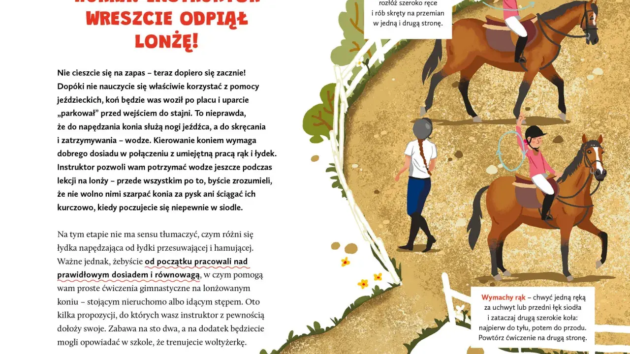 Dziewczynka na koniu w stępie, ćwicząca skręty tułowia i wymachy rąk.