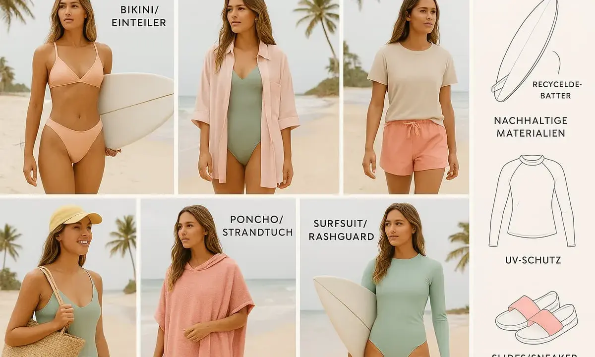 Frauen am Strand mit Surfbrett und lässiger Surfer Frisur. Bademode, Strandtuch und Accessoires.