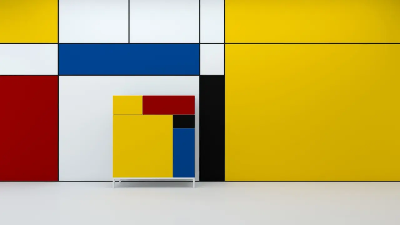 A cabinet in the style of De Stijl art, featuring primary colors and geometric shapes, stands against a wall with similar bold lines and blocks of yellow, red, blue, and white.