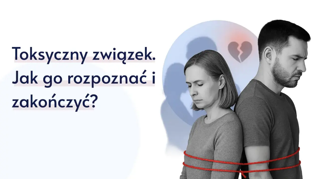Para zgarbiona, związana sznurkiem, z pękniętym sercem w tle. Czy to toksyczny mąż? Jak rozpoznać i zakończyć taki związek?