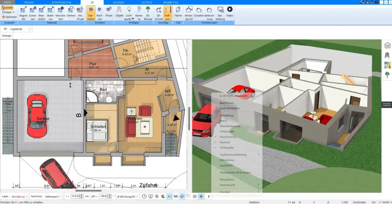 Grundriss altes Bauernhaus mit Garage, Wohnbereich, Schlafzimmer und Bad. 3D-Ansicht zeigt das Innere des Hauses.