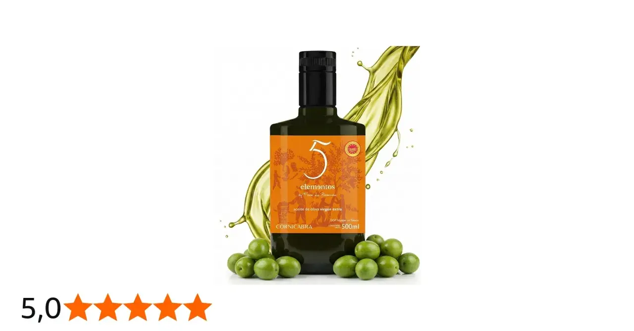 Aceite de oliva virgen extra "5 Elementos" Cornicabra, con un chorro dorado y aceitunas. ¿Cual es el aceite de oliva mas fuerte? Este podría serlo.