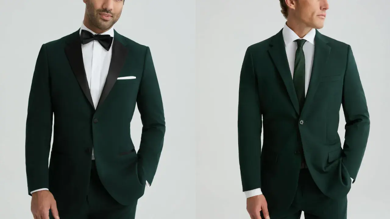 Tuxedo vs suit: A man in a dark green tuxedo with satin lapels and a bow tie, next to a man in a dark green suit with a tie.