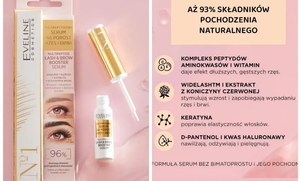 Złote serum do rzęs i brwi Eveline z aplikatorem i opakowaniem, porównanie przed i po.