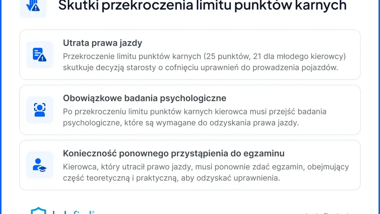 Przekroczenie limitu punktów karnych (25, 21 dla młodego kierowcy) grozi utratą prawa jazdy, badaniami psychologicznymi i koniecznością ponownego zdania egzaminu.