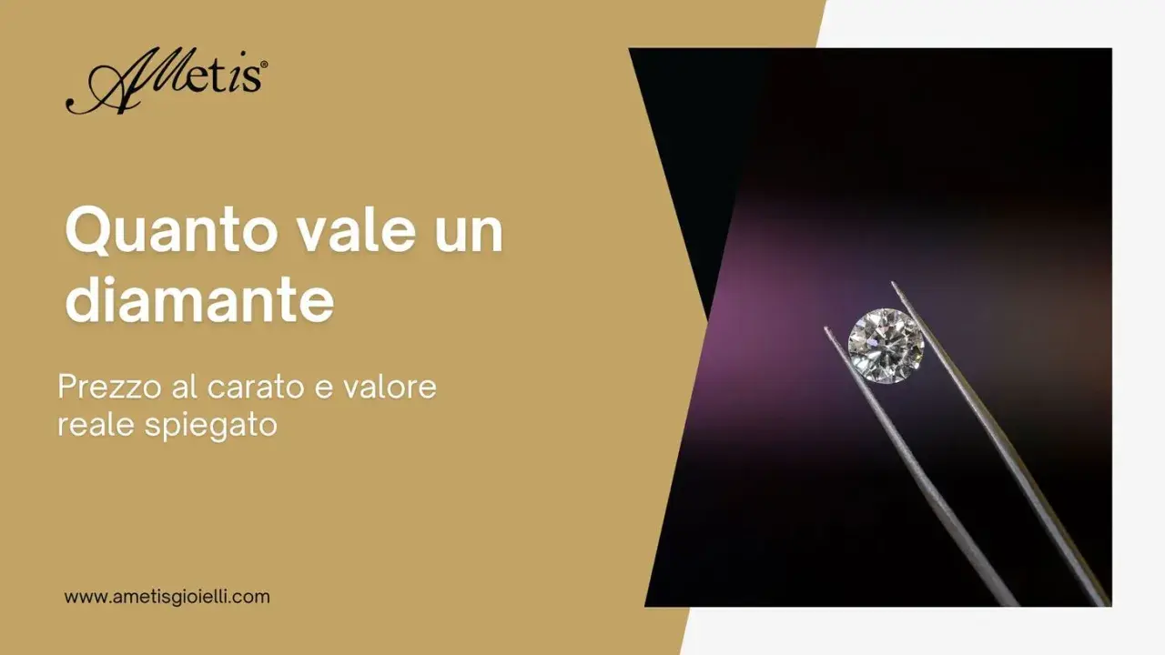 Un diamante scintillante tenuto da pinzette, con il testo "Quanto vale un diamante" e "Prezzo al carato e valore reale spiegato". Scopri a quanto corrisponde un carato.
