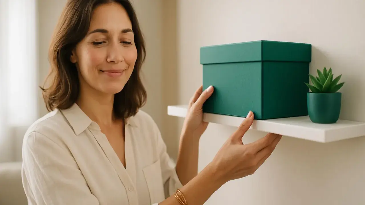 Donna sorride mentre sistema una scatola verde su una mensola, allontanando la negatività in casa con un tocco di ordine e serenità.