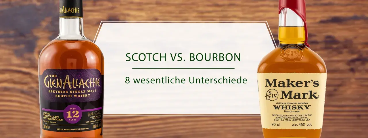 Zwei Flaschen Scotch und Bourbon Whiskey, die Unterschiede zwischen diesen Whiskey-Sorten beleuchten.