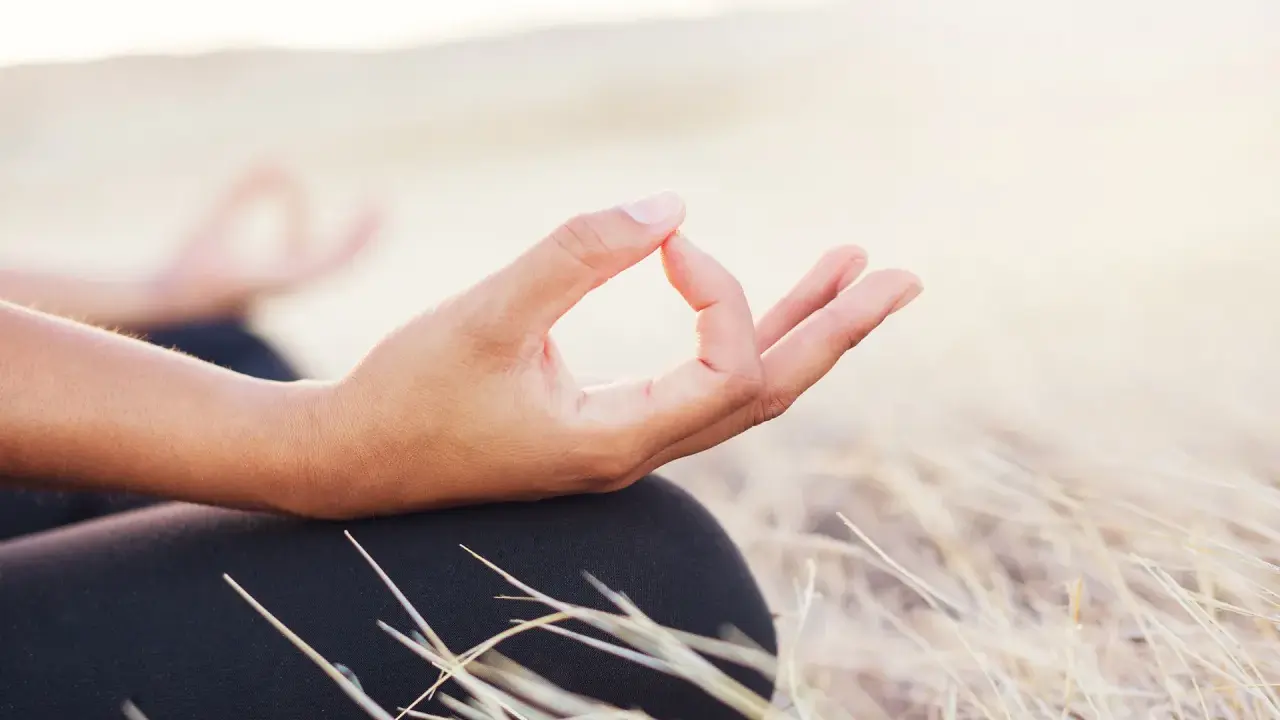 En hand i mudra-position under aum meditation, omgiven av torrt gräs.