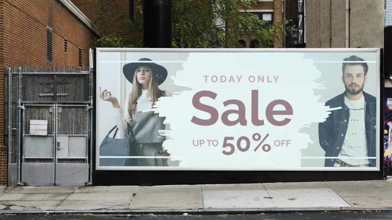 Sztuka plakatu: reklama wyprzedaży do 50% OFF z modelką i modelem.
