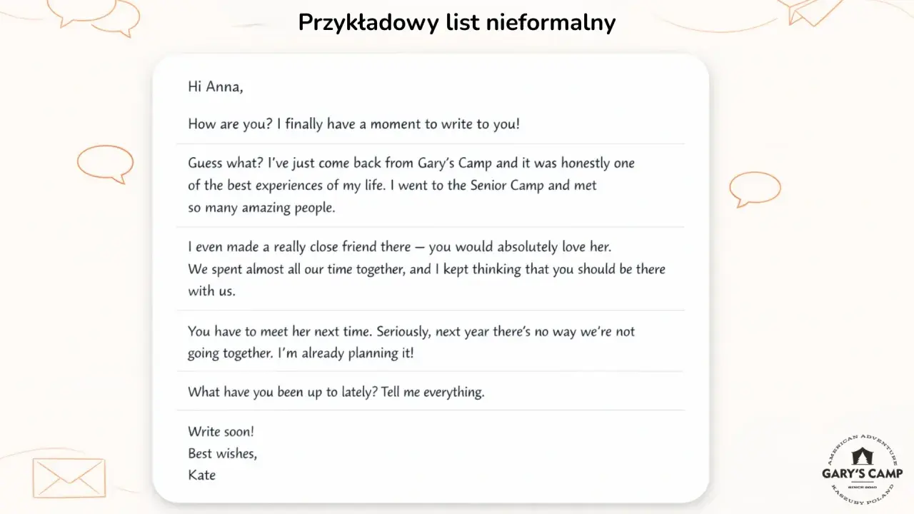 List nieformalny od Kate do Anny, opisujący wspaniałe doświadczenia z Gary's Camp i plany na przyszłość.