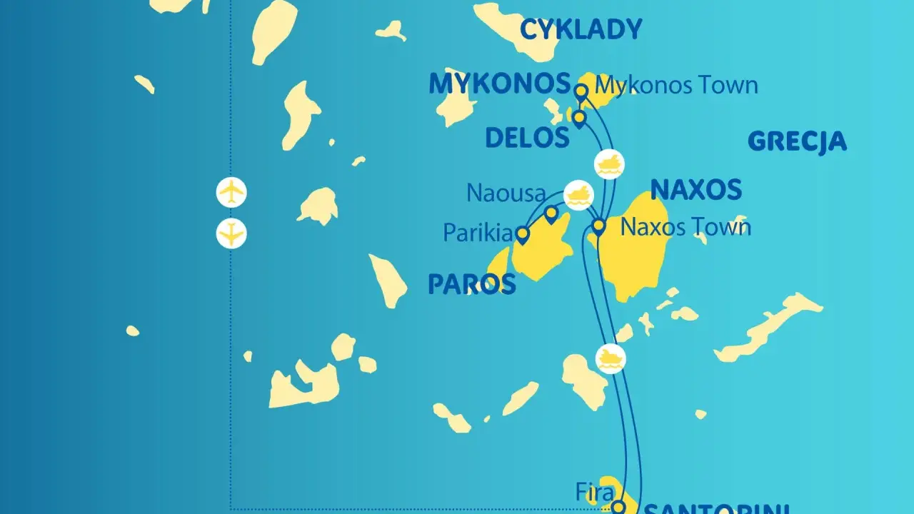 Mapa Cyklady: podróż po greckich wyspach Mykonos, Delos, Paros, Naxos i Santorini.
