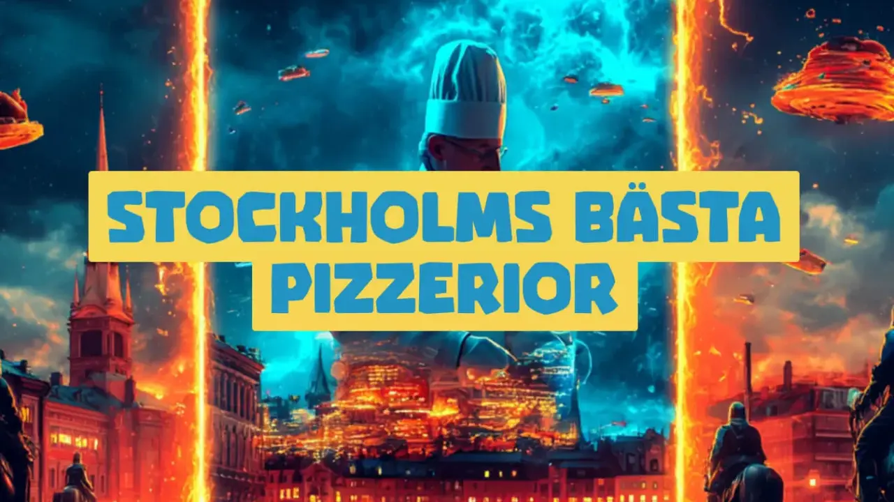 En dramatisk bild med texten "Stockholms bästa pizzerior". En kock i bakgrunden, omgiven av eldiga torn och en stad i neonljus.