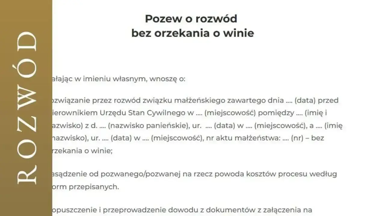 Dokument "Pozew o rozwód bez orzekania o winie" zawiera treść wniosku o rozwiązanie związku małżeńskiego.