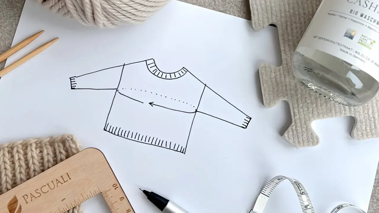 Esquema de jersey con medidas, ovillo de lana, agujas, cinta métrica y regla. Ideal para un top crochet tutorial.