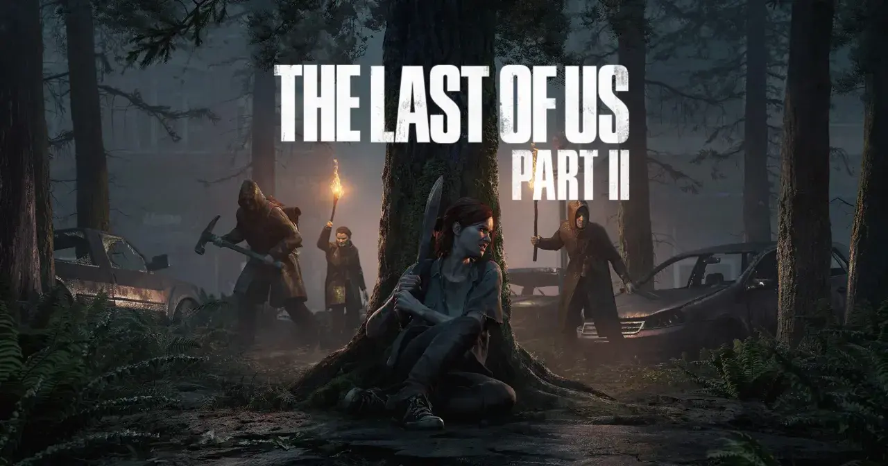 Ellie w lesie, gotowa do walki. W tle widać innych postaci i zniszczone samochody. To okładka gry The Last of Us Part II.