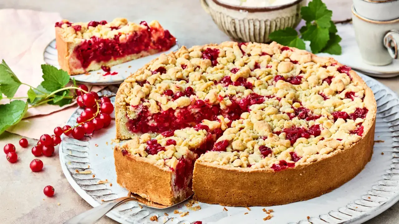 Ein saftiger Johannisbeer Streuselkuchen mit knusprigen Streuseln und frischen roten Johannisbeeren.