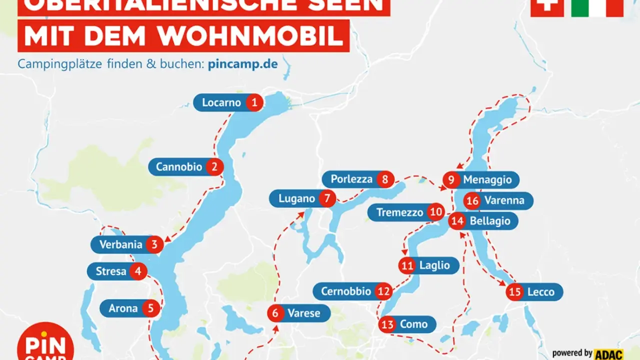 Karte zeigt die oberitalienischen Seen mit Wohnmobilrouten. Orte wie Locarno, Lugano und Como sind markiert.