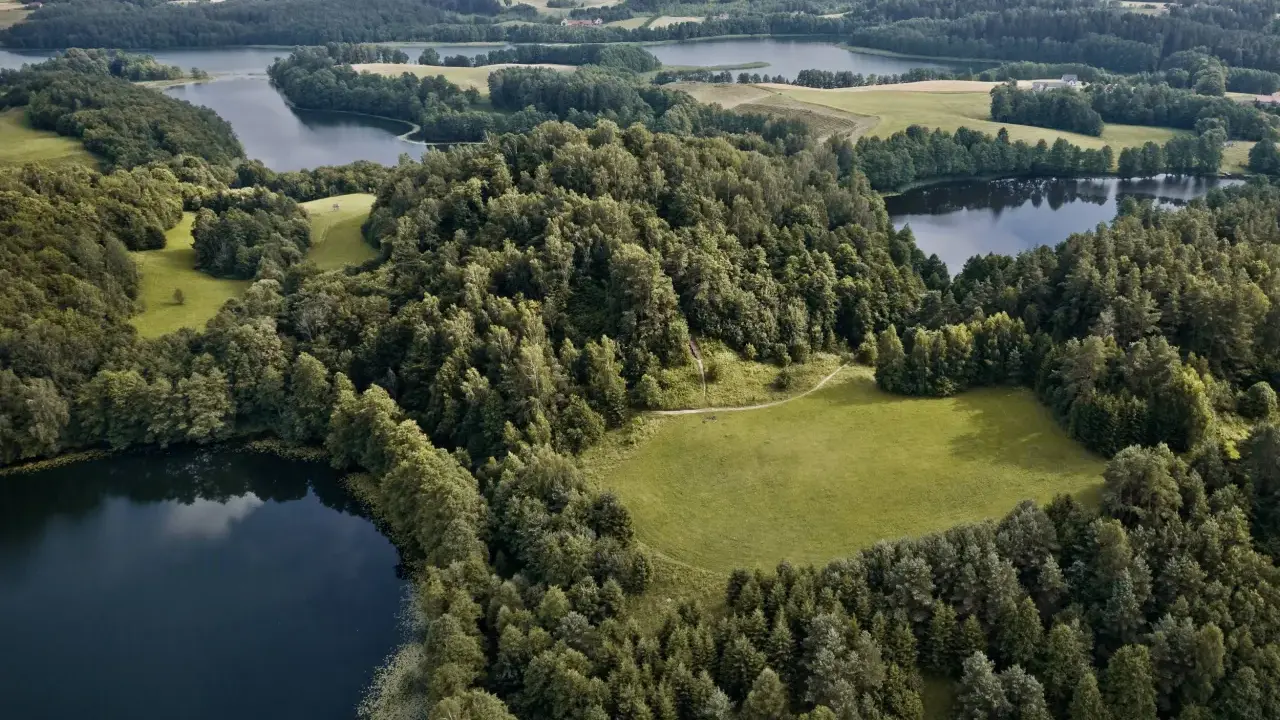Krajobraz z jeziorami i lasami, typowy dla tego, z czego słynie Podlasie. Zielone pola i spokojne wody tworzą malowniczy widok.