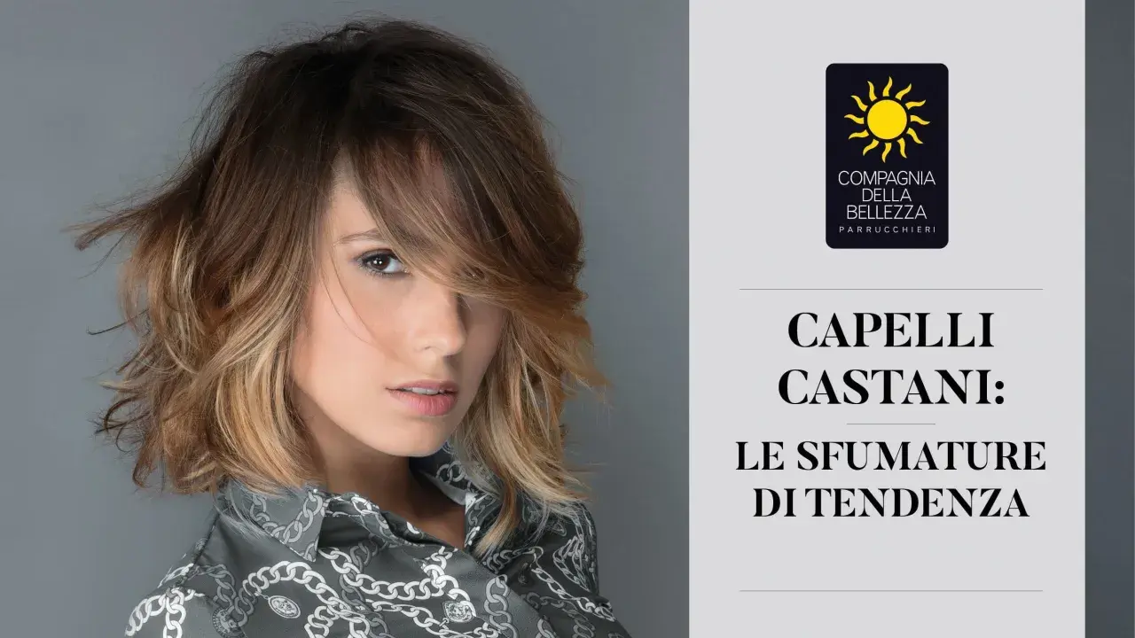 Modella con capelli castani sfumati, un esempio di tabella colori capelli castani con tonalità di tendenza.