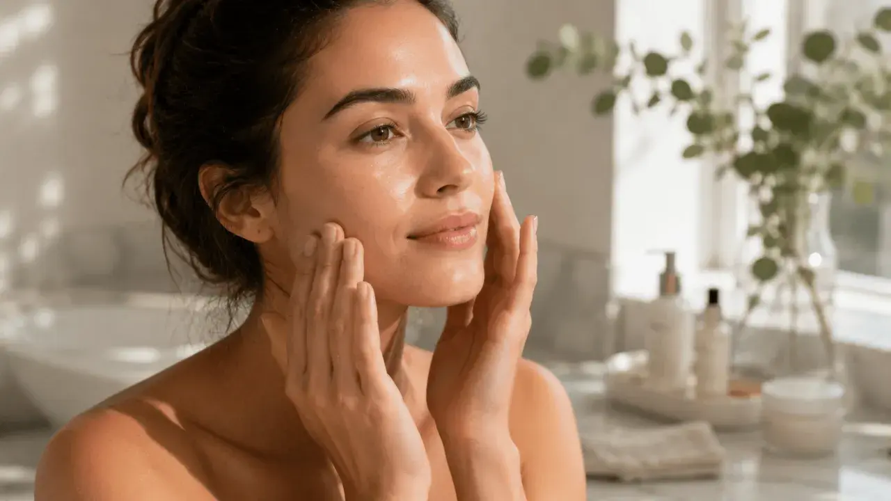 Mujer con piel radiante, aplicando crema. Su rostro refleja un brillo natural, el verdadero que es glow.