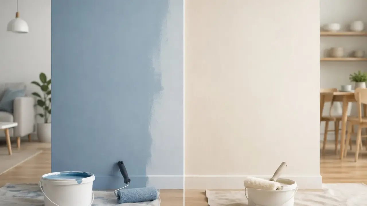 Pittura lavabile: un lato blu, un lato beige, con secchi e rulli. Valutare i pro e contro per il tuo progetto.