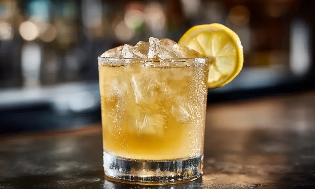 En kyld whiskey sour med is och en citronskiva, redo att avnjutas.