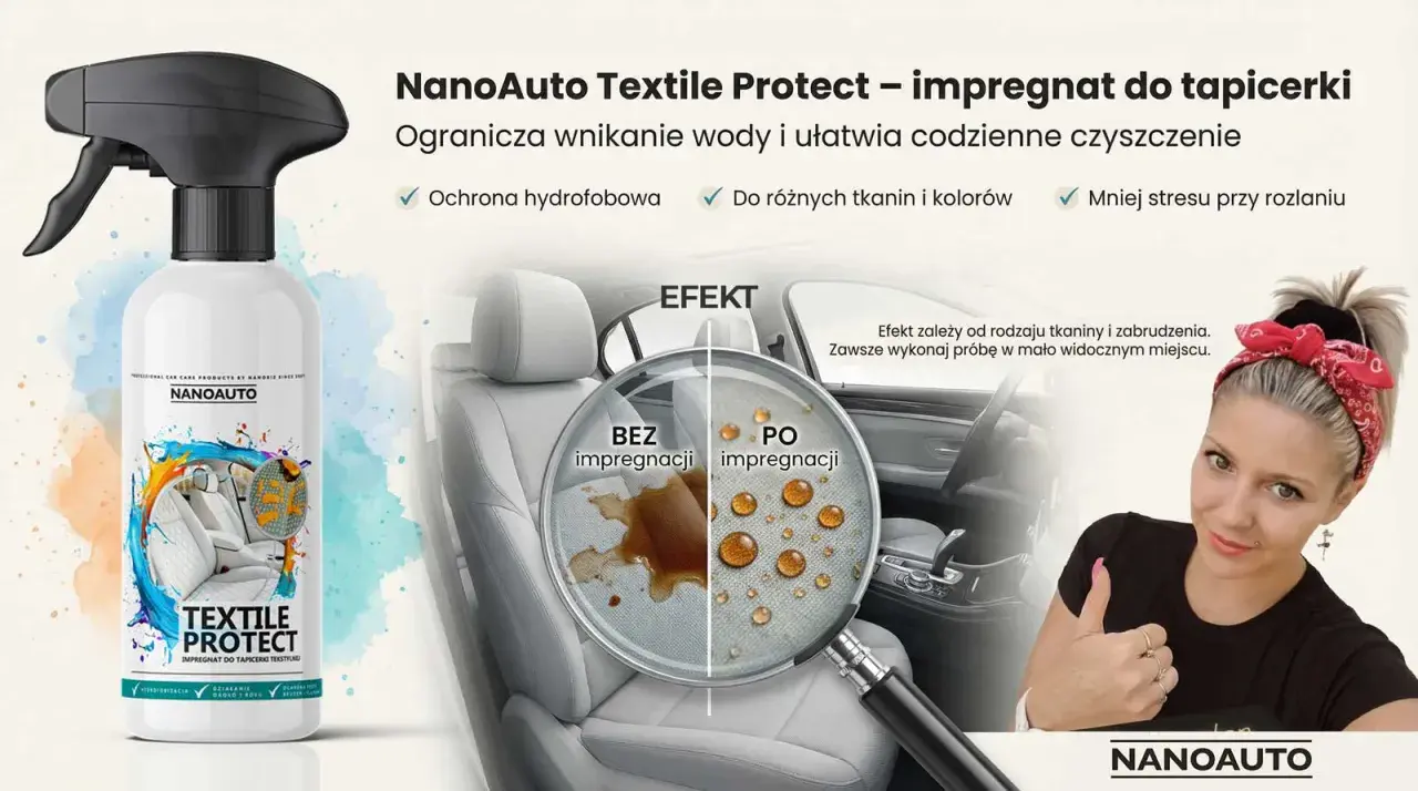 NanoAuto Textile Protect – impregnat do tapicerki. Ogranicza wnikanie wody, ułatwia czyszczenie i chroni tkaniny. Idealny do skóry naturalnej i innych materiałów.