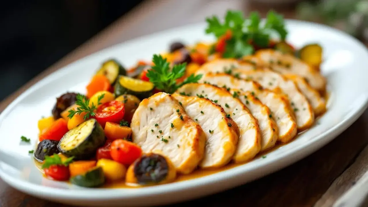 Tranches de filet de poulet savoureux, accompagnées d'un mélange coloré de légumes méditerranéens.