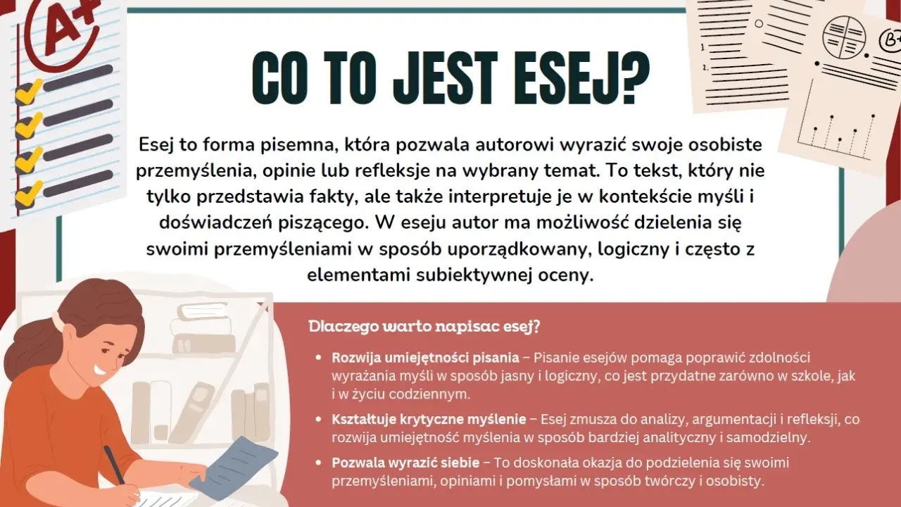 Dziewczynka pisze esej, ucząc się, jak napisać esej. Obok niej lista zadań z zaliczeniem A+.