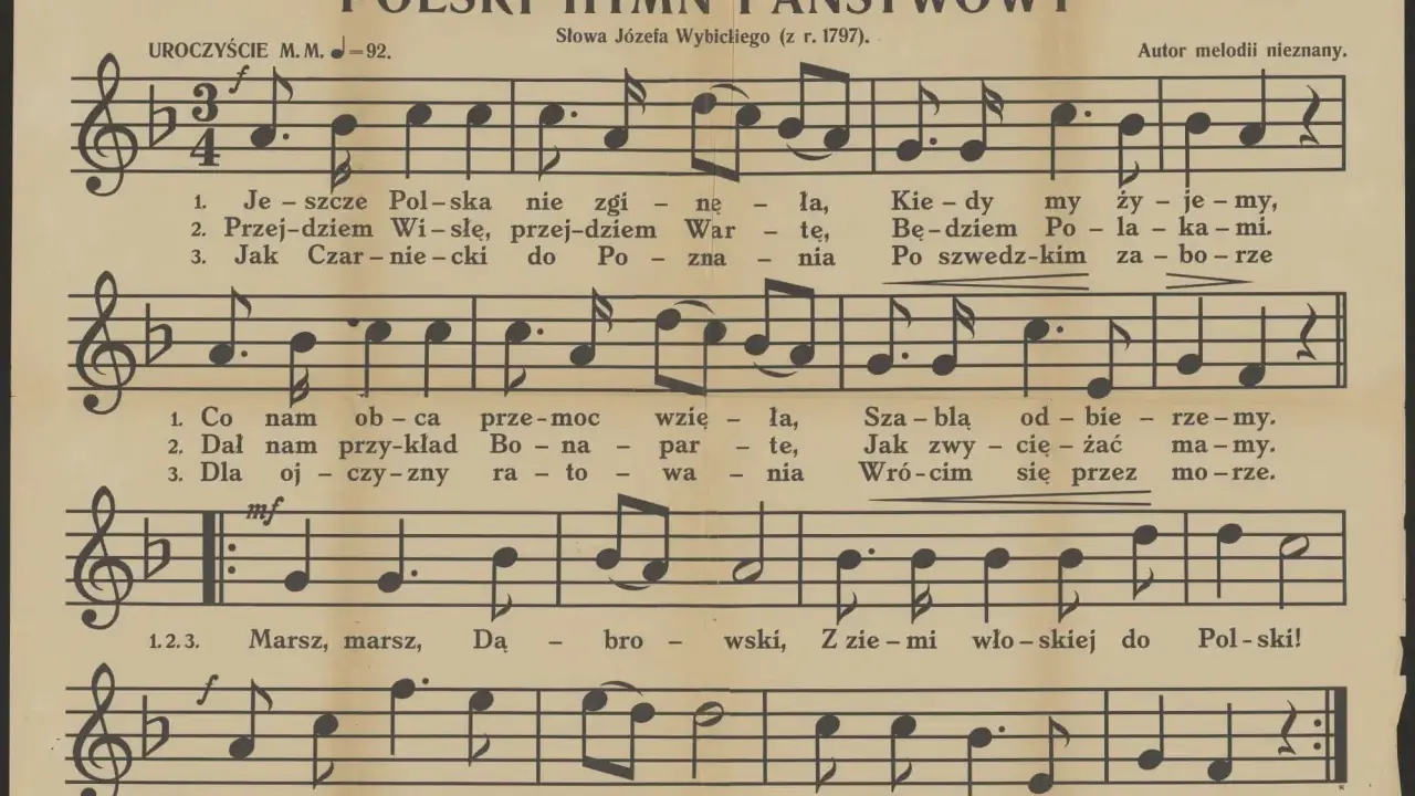 Hymn Polski - tekst oryginalny 6 zwrotek. Muzyka i słowa Józefa Wybickiego. "Marsz, marsz, Dąbrowski...