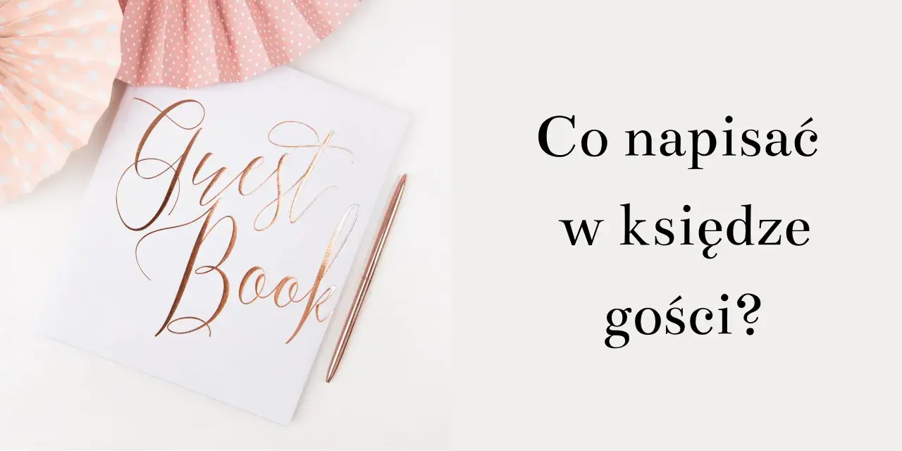 Elegancka księga gości weselnych z różowym długopisem i ozdobami. Szukasz pomysłów na śmieszne wpisy do księgi gości weselnych?