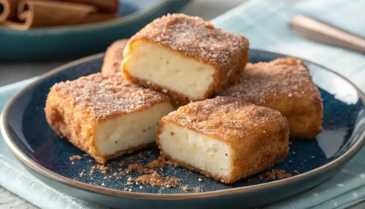 Porción de leche frita, rebozada en canela y azúcar. Los ingredientes básicos para esta delicia.