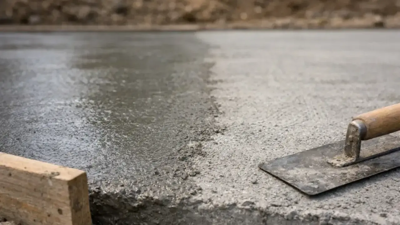 Świeżo wylany beton na budowie, z widoczną kielnią i drewnianym klockiem. Czas schnięcia cementu w ziemi zależy od wielu czynników.