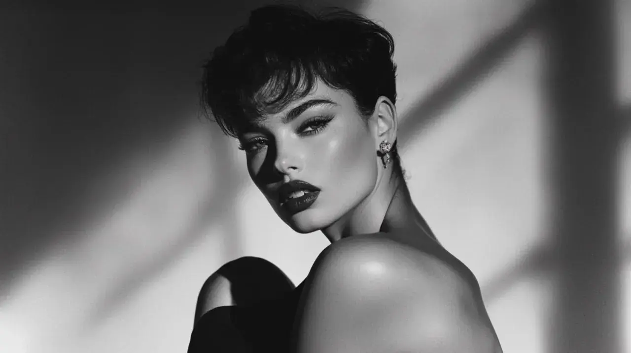 A striking black and white portrait, reminiscent of Herb Ritts' famous photos, captures a woman with dramatic makeup and a short, tousled hairstyle, bathed in dramatic light and shadow.