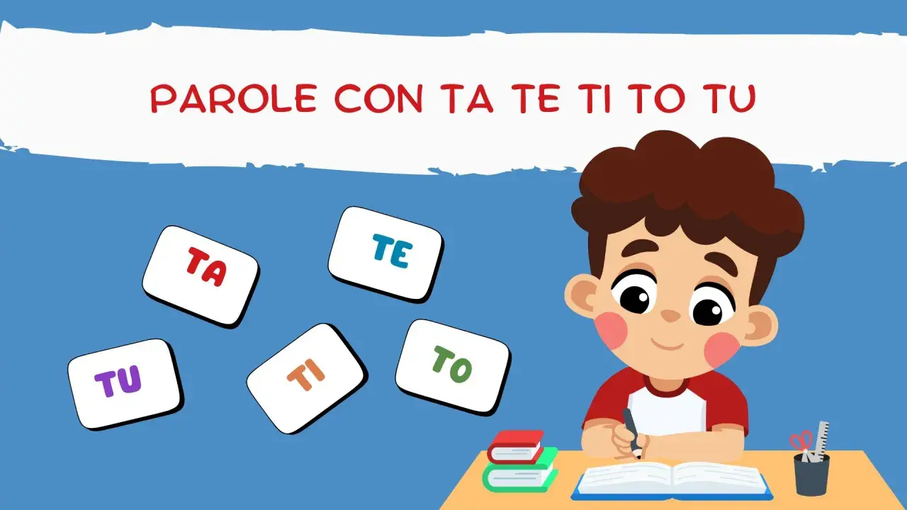 Un bambino impara parole con ta, te, ti, to, tu. Le sillabe fluttuano intorno a lui.