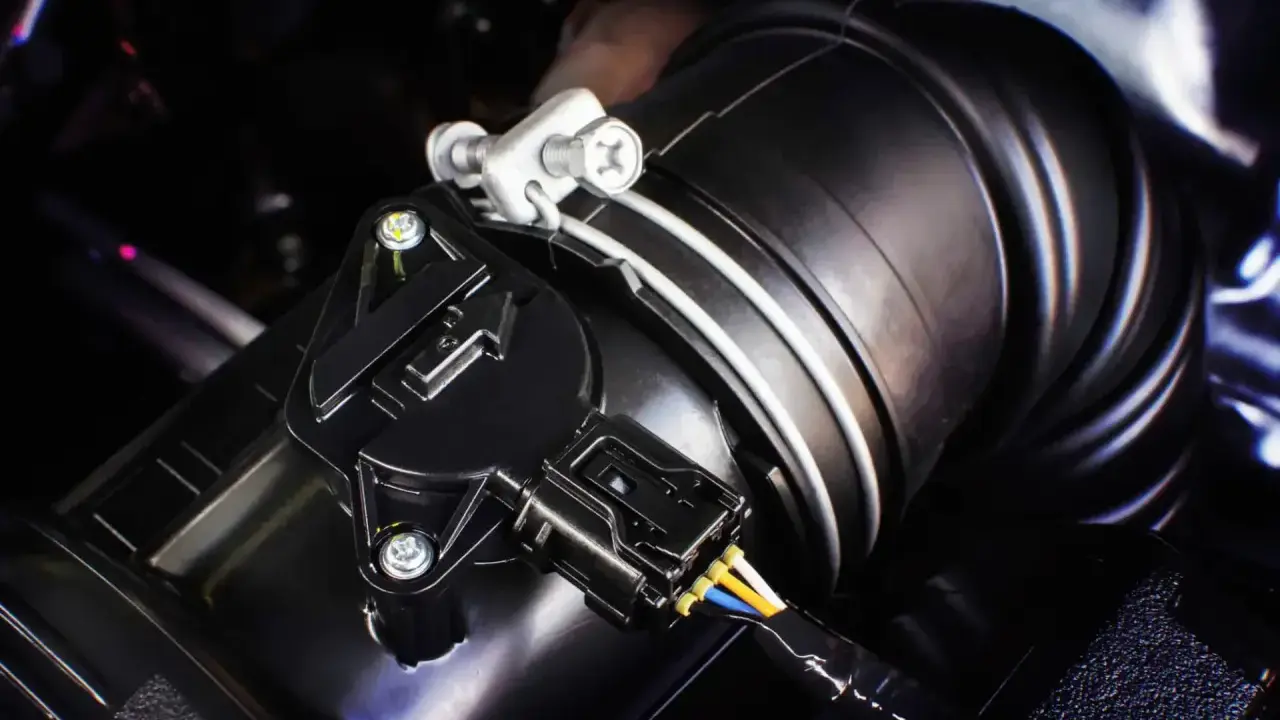 Detalle de un sensor MAF negro conectado a un tubo de admisión de aire. Este componente es clave para saber qué es el sensor MAF y cómo optimiza el rendimiento del motor.
