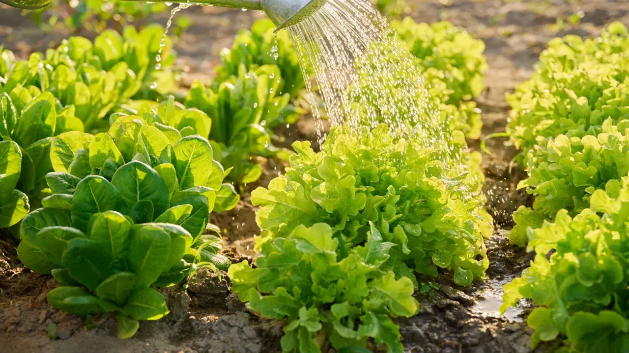 Arrosage des salades dans un potager ensoleillé. L'eau tombe en pluie fine sur les feuilles vertes et croquantes, promettant une récolte fraîche.