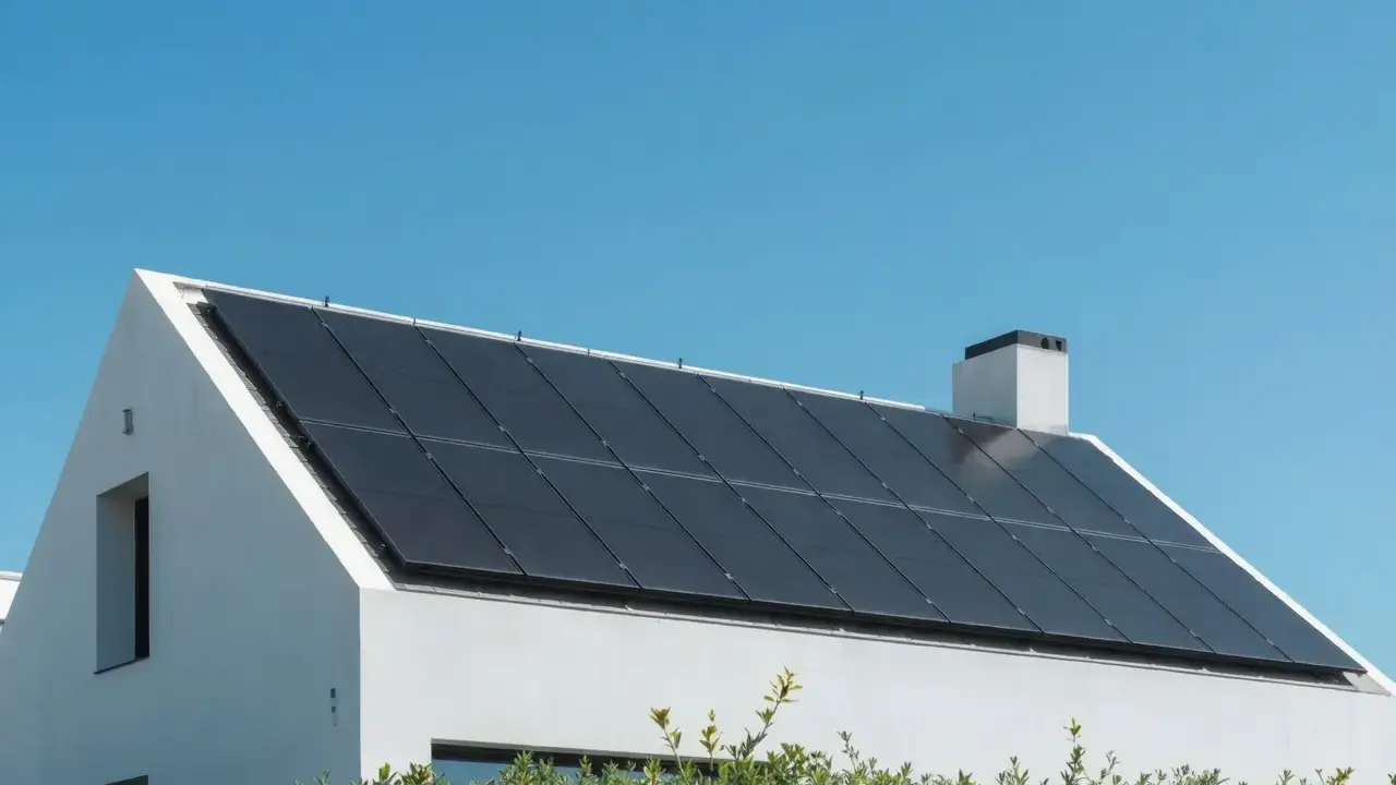 Vitt hus med solpaneler på taket. En strängväxelriktare omvandlar solenergin till användbar el.