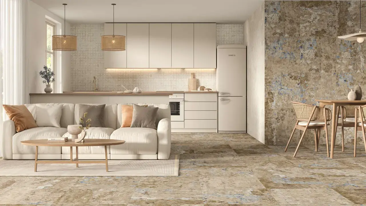 Elegante salón-cocina con sofá beige, mesa de centro de madera y suelos de cemento con un diseño rústico y texturizado.