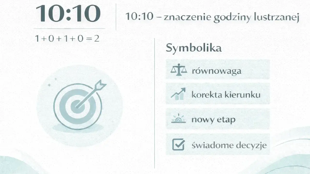 Grafika przedstawia godzinę 10:10, symbolikę numerologiczną i tarczę z celnym strzałem.