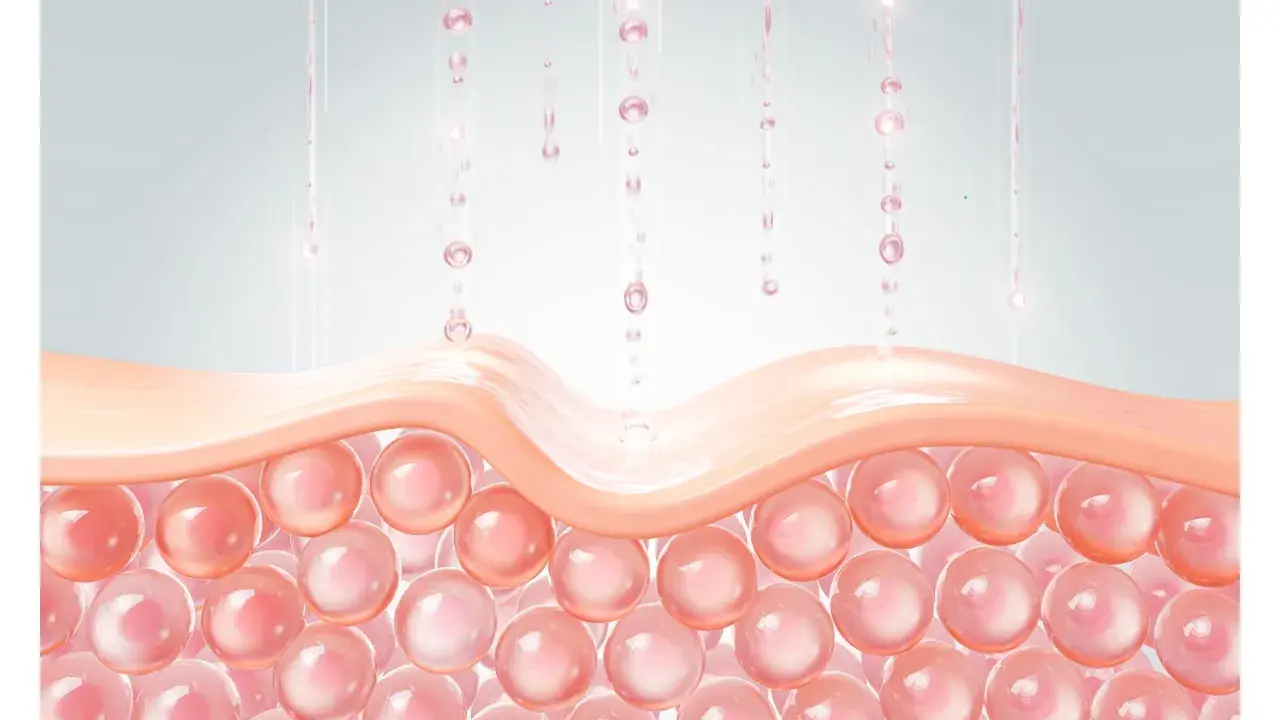 Gocce rosa cadono su uno strato di pelle, nutrendo le sfere sottostanti. Un'immagine che illustra il mantenimento del ph della pelle.