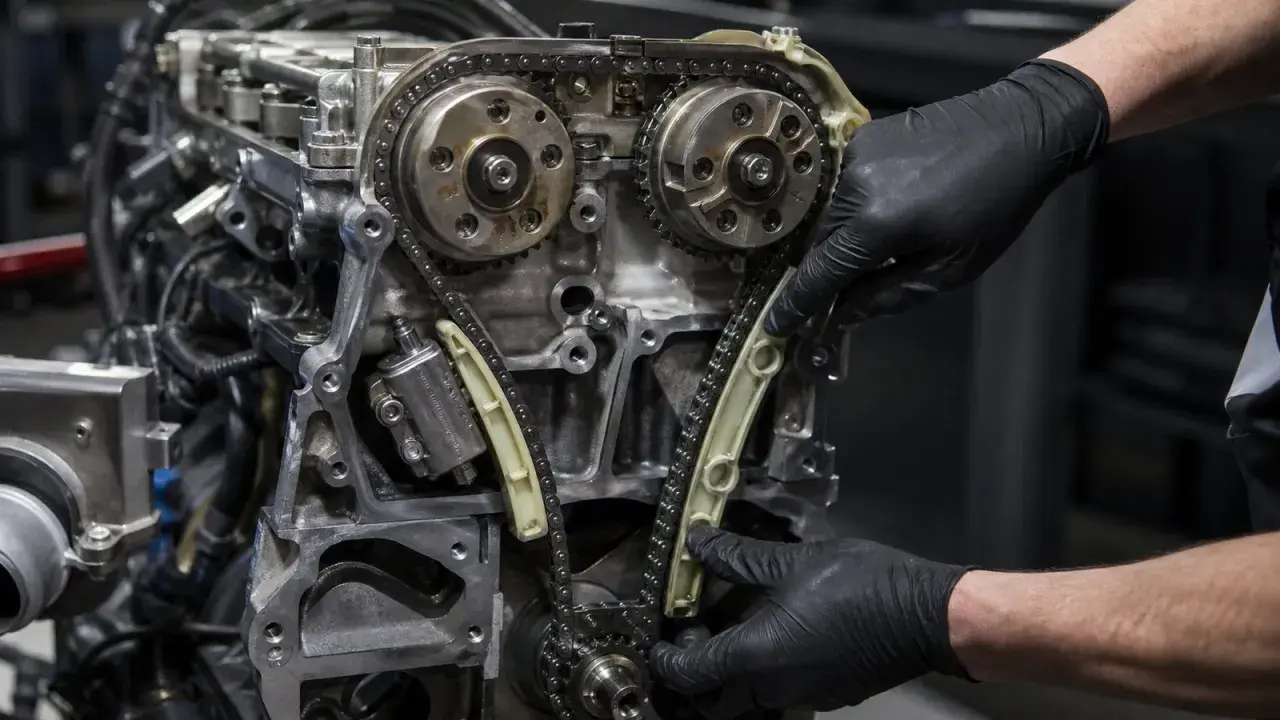 Mechanik w czarnych rękawiczkach montuje łańcuch rozrządu. Sprawdź, jaka jest wymiana rozrządu cena.
