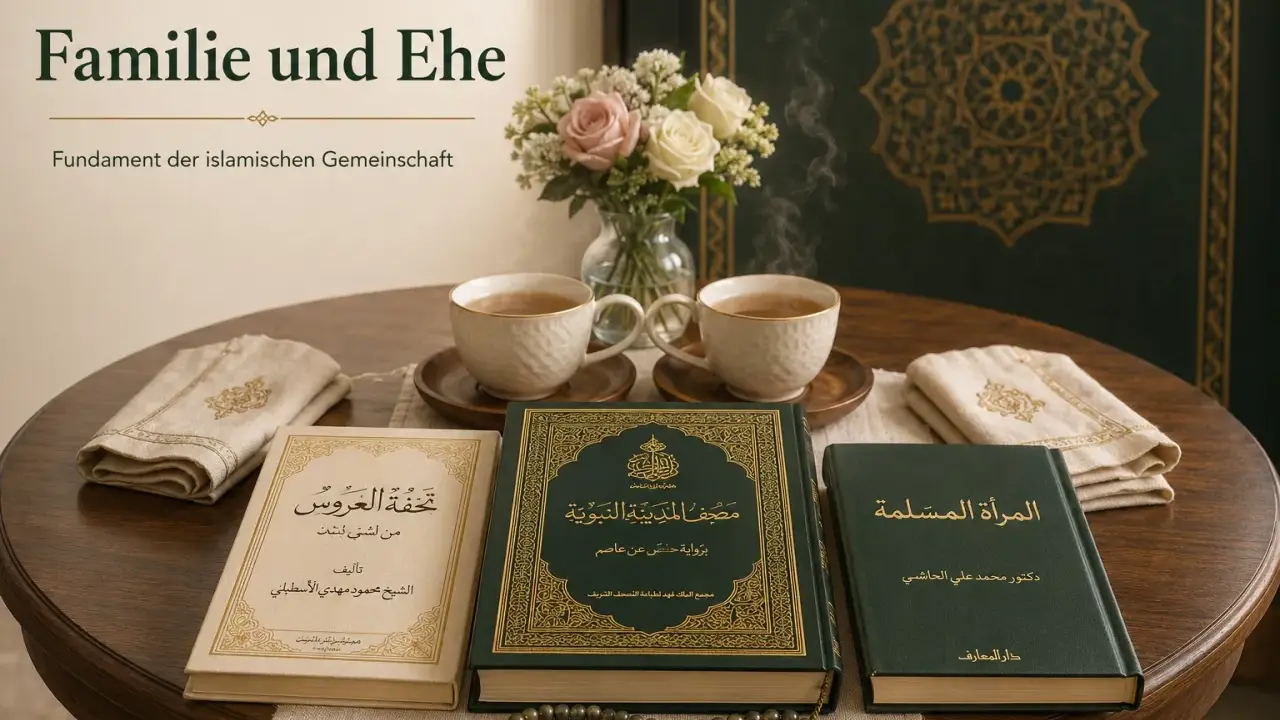 Bücher über Familie und Ehe, inspiriert von der Surah Ali Imran, mit Tee und Rosen.