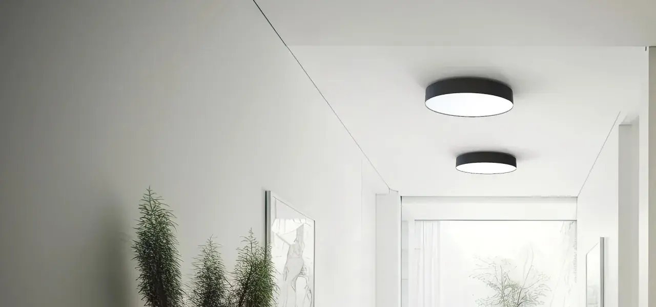 Nowoczesny korytarz z dwoma okrągłymi plafonami led 80 cm, roślinami i minimalistyczną sztuką.
