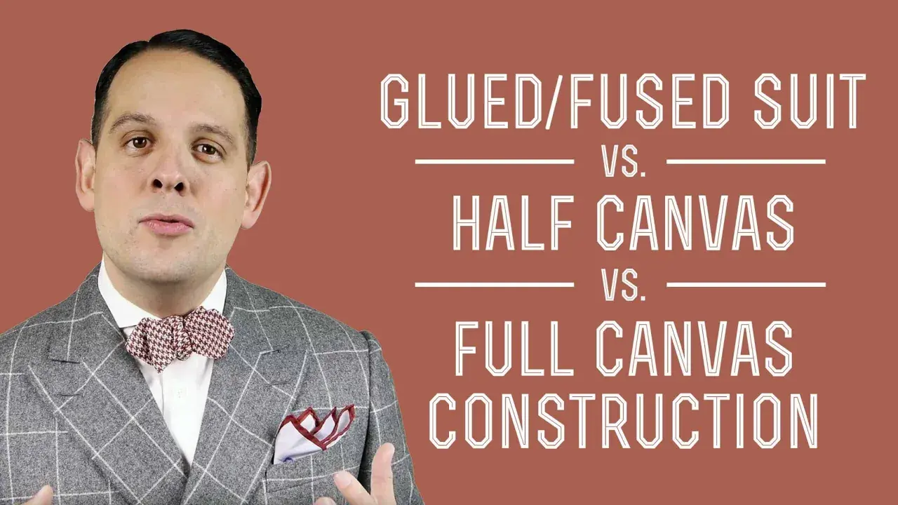 Man in a checkered suit explains glued/fused, half canvas, and full canvas suit construction.