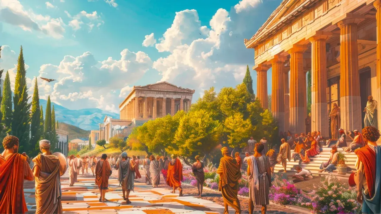 Antike Stadtansicht mit Menschen in Togen, die auf eine Agora zusteuern. Die Architektur erinnert an die Zeit der Demokratie in Athen.
