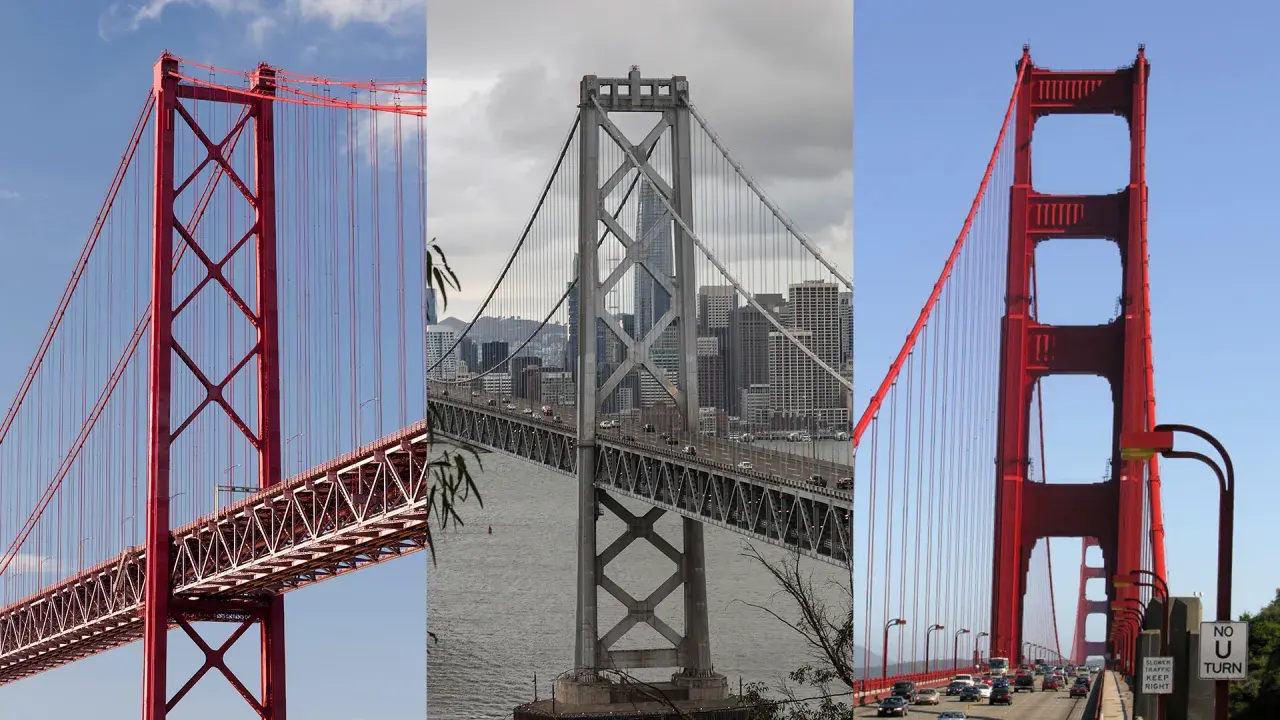 Comparación visual: el rojo vibrante del puente 25 de abril de Lisboa contrasta con el gris del puente de la Bahía de San Francisco y el icónico rojo del Golden Gate.