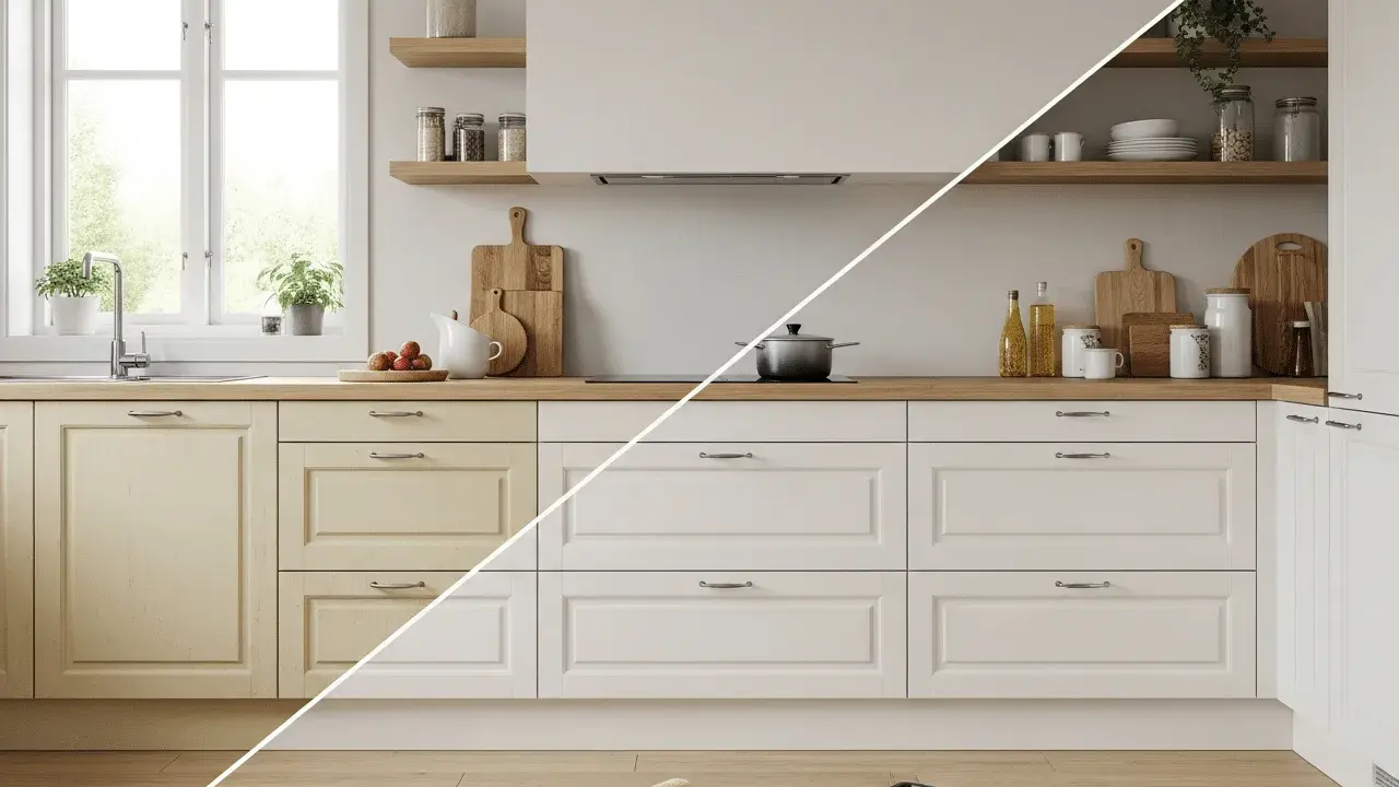 Cocina antes y después de lacar muebles. Gabinetes amarillos transformados a blanco, listos para renovar.