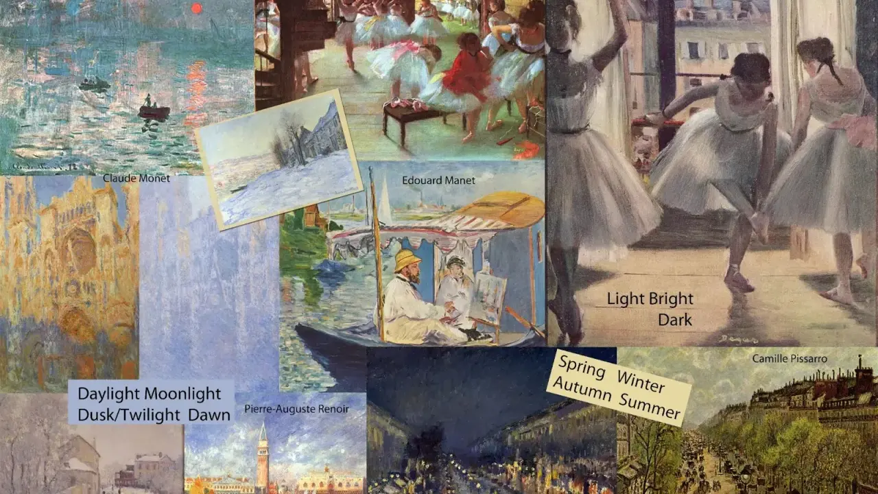 En samling verk av franska impressionister som Claude Monet, Edgar Degas och Pierre-Auguste Renoir. Motiven varierar från balettdansöser till stadsvyer och landskap.